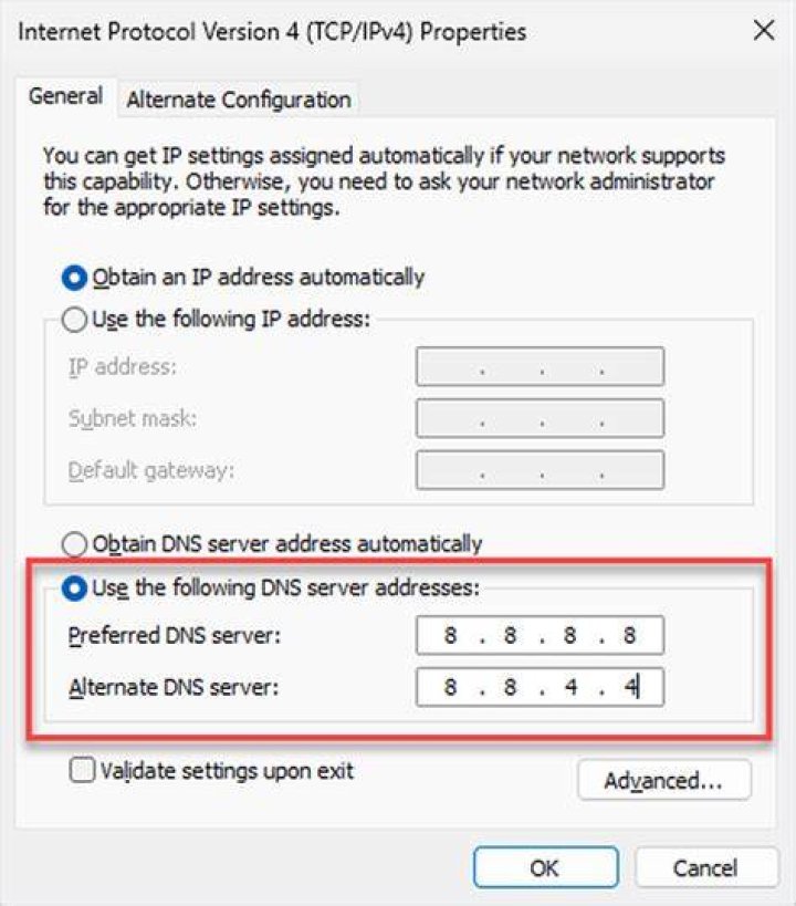 DNS network configuration settings screen